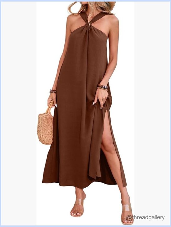 Dresses & Skirts - Sleeveless Halter Maxi Dress Side Slit Vacation Beach Casual Flowy